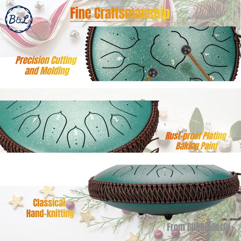 BURNING&LIN Steel Tongue Drum 14 Inches 15 Notes Hand Pan Drum Rain Drum Percussion for Meditation Yoga Musical Education for Adult& Kids(Lotus Green) - Image 4